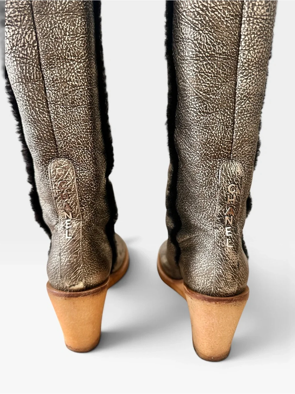 Chanel Karl Lagerfeld Rare Distressed Metallic Sheepskin Shearling Wedge Boot 40